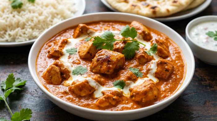 Close-up of rich, vibrant orange butter chicken.