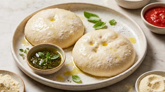 A freshly baked pizza with golden puffy edges on a wooden board.