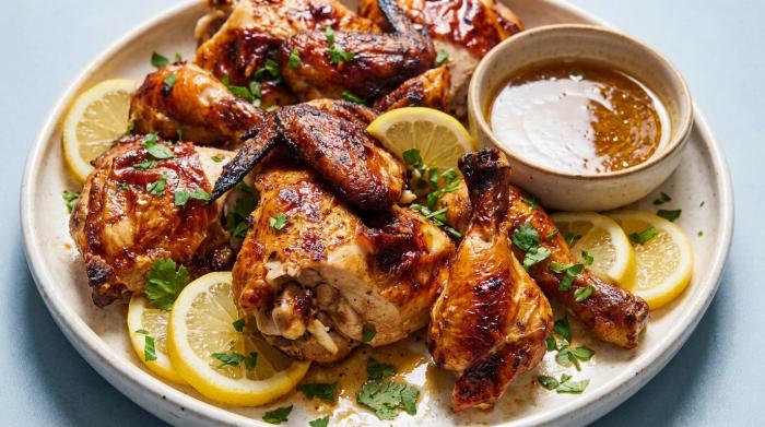 Golden brown marinated chicken breasts served on a white platter with fresh lemon slices.