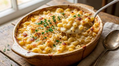 A large spoonful of baked mac and cheese with melted cheese stretching from the dish.