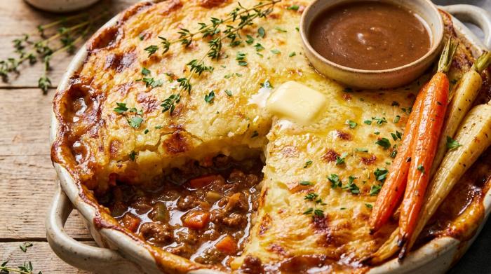A scoop of hot Shepherd's Pie with a crispy golden potato crust revealing a rich meat and vegetable filling.