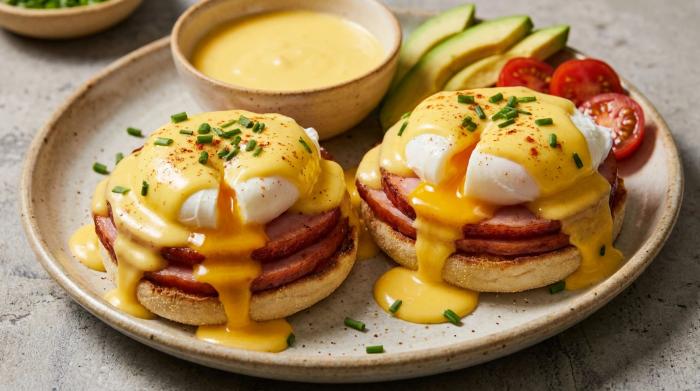Plated Eggs Benedict covered in rich yellow sauce and fresh herbs on a plate.