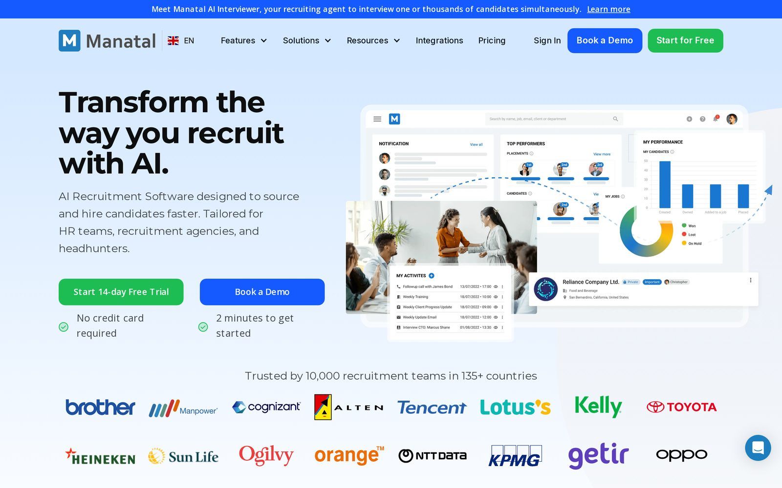 Manatal AI recruitment software homepage showing its ATS dashboard and candidate analytics