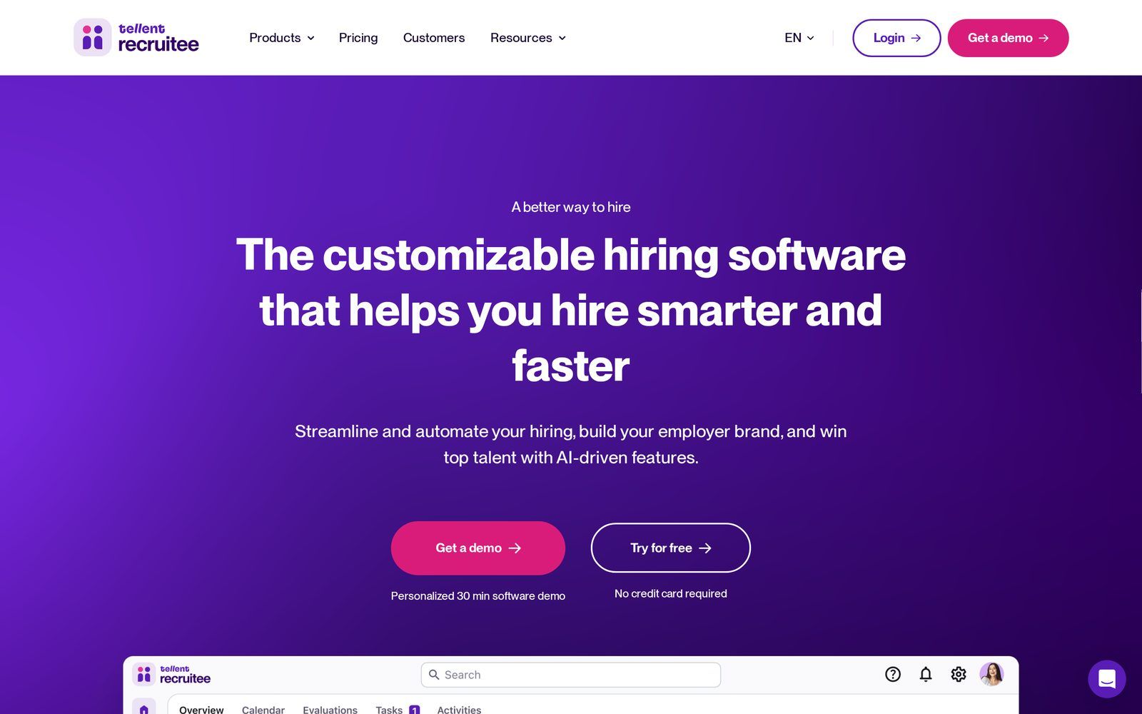 Tellent Recruitee homepage showing the collaborative hiring software interface