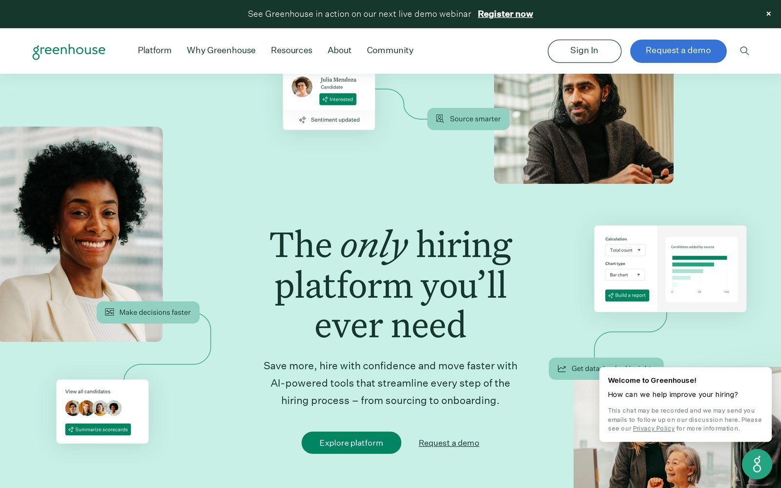 Greenhouse ATS homepage showing its AI-powered structured hiring platform