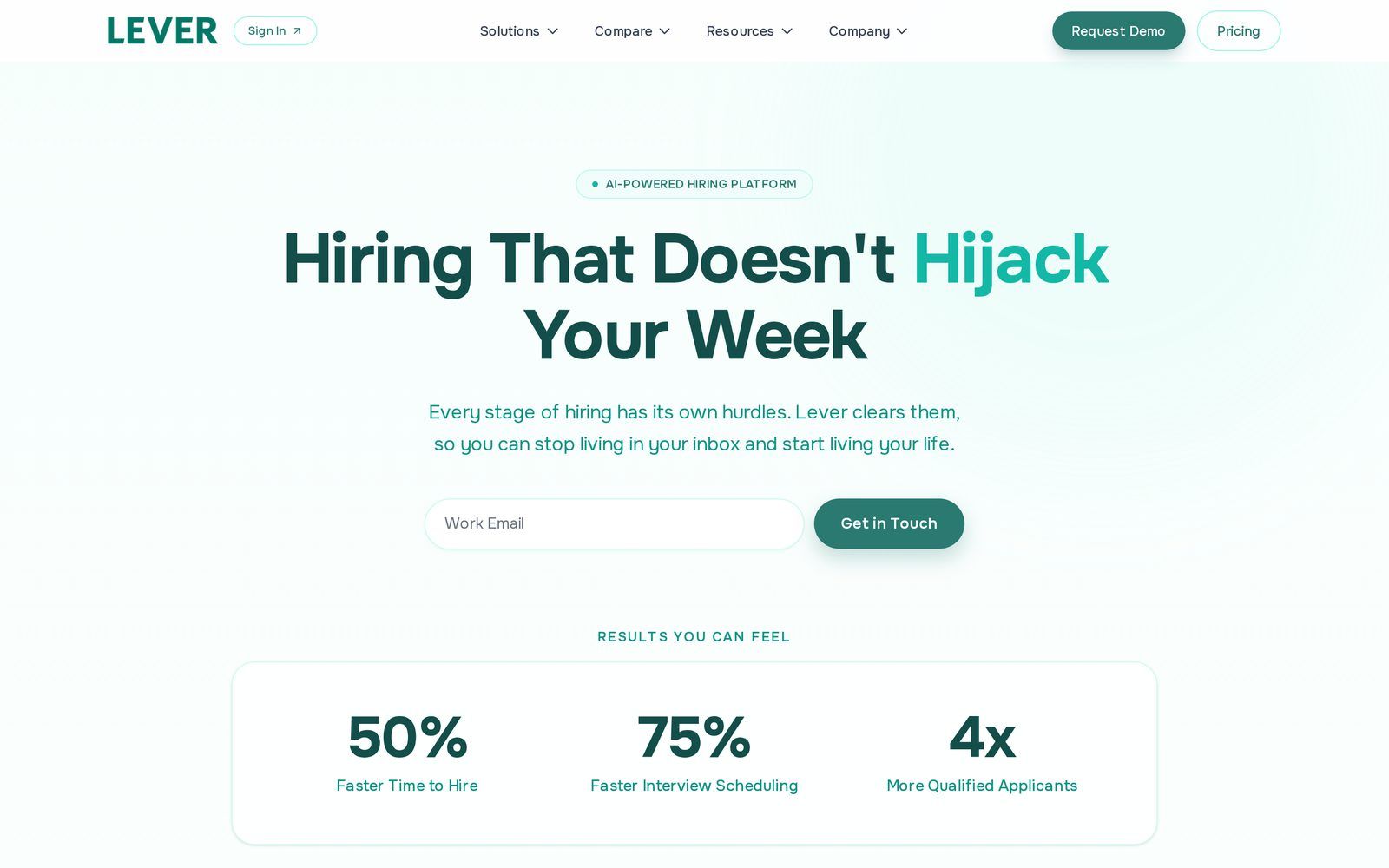Lever ATS and recruitment CRM homepage with hiring results statistics
