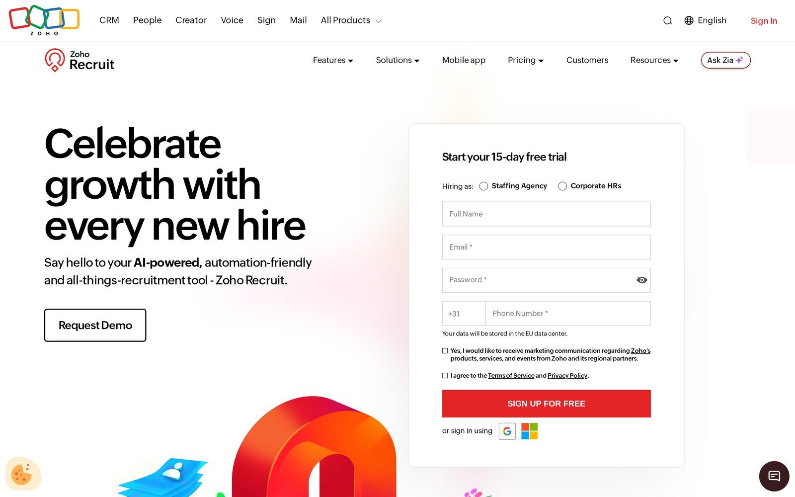 Zoho Recruit homepage with free trial signup for staffing agencies and corporate HR teams