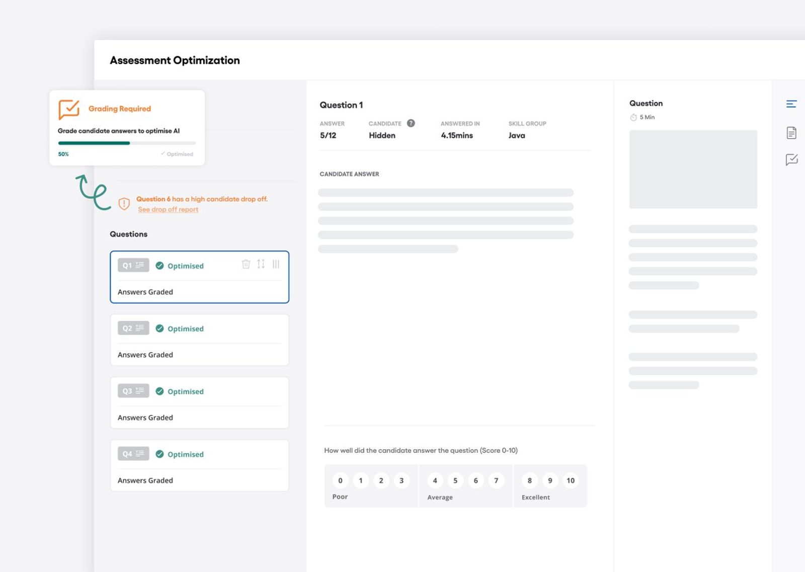 Vervoe skills-assessment scoring showing AI-graded candidate responses ranked by ability.