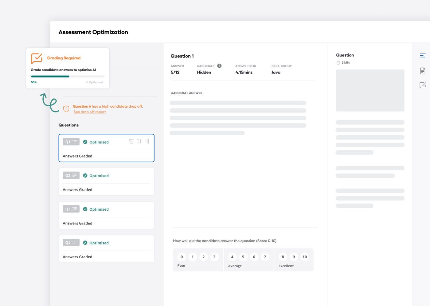 Vervoe skills-assessment scoring showing AI-graded candidate responses ranked by ability.