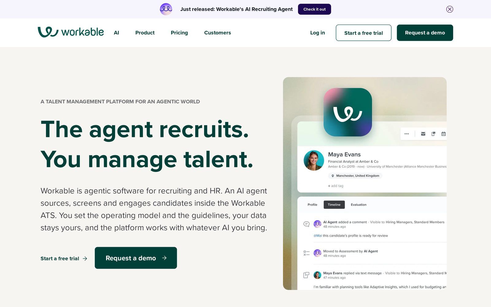 Workable ATS homepage introducing its AI recruiting agent that sources and screens candidates