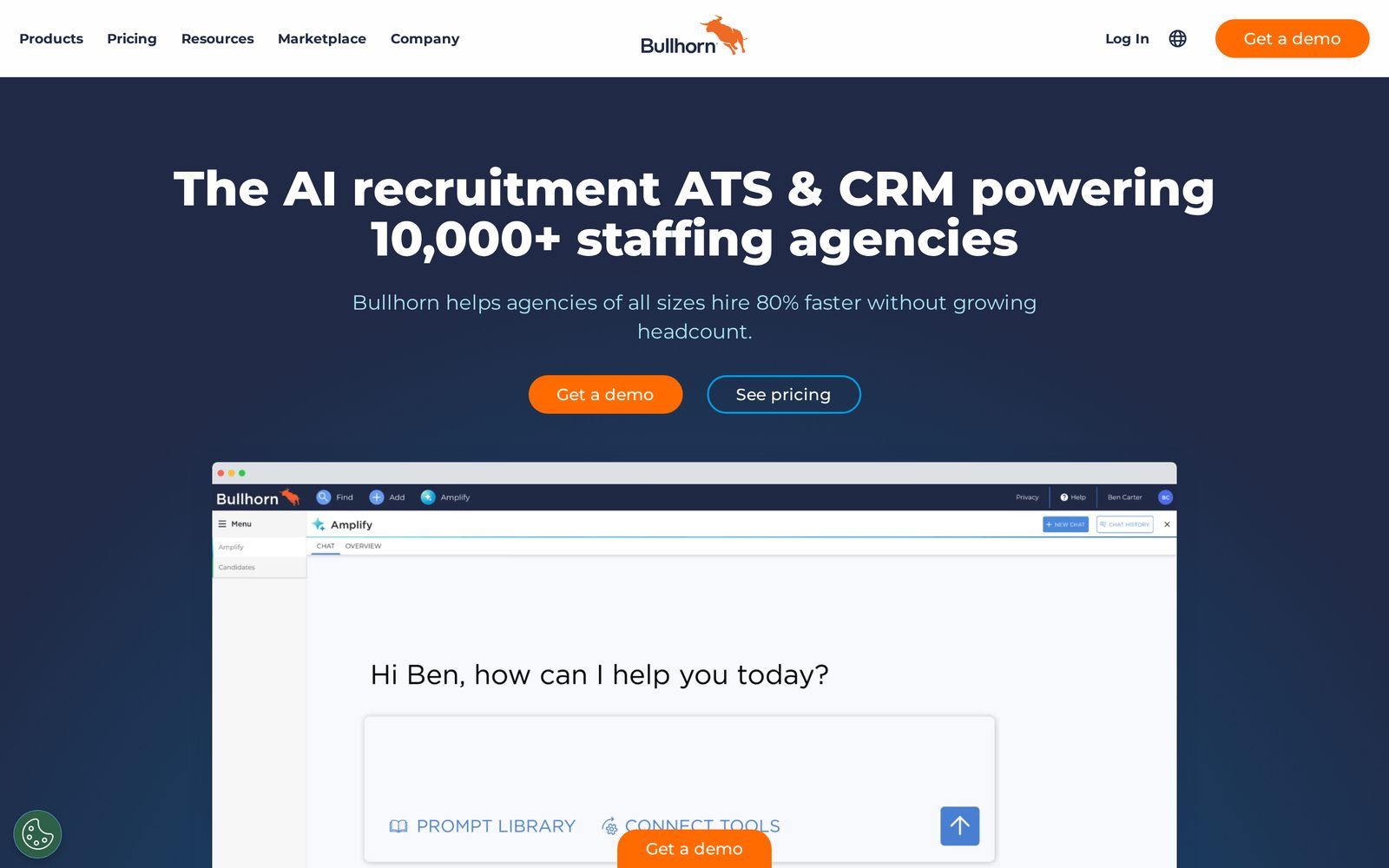 Bullhorn homepage: the AI recruitment ATS and CRM for staffing agencies, showing the Amplify interface