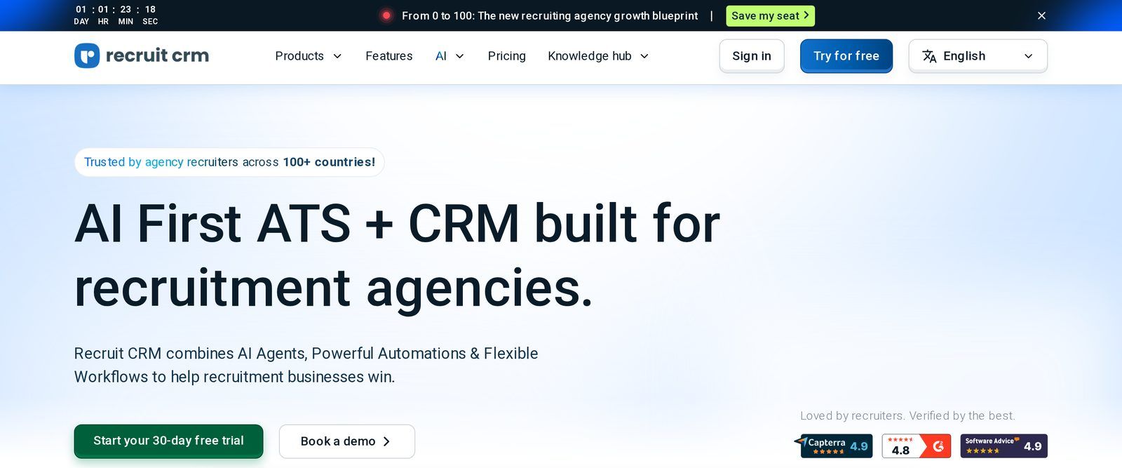 Recruit CRM homepage: AI-first ATS and CRM built for recruitment agencies, with Capterra and G2 ratings