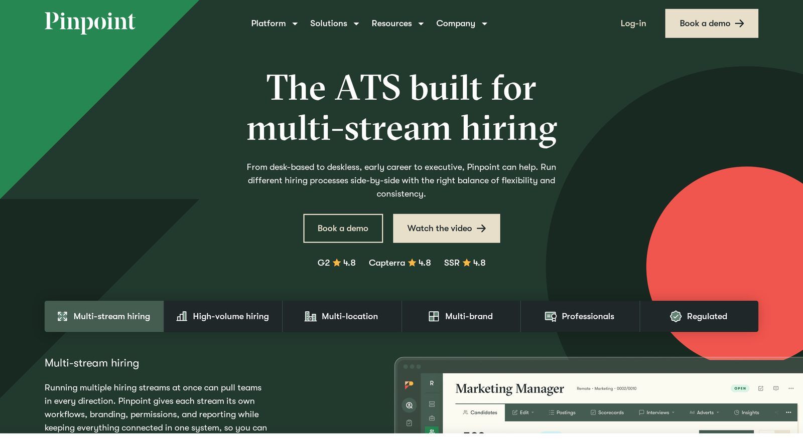 Pinpoint ATS homepage: the applicant tracking system built for multi-stream hiring, with G2 and Capterra ratings