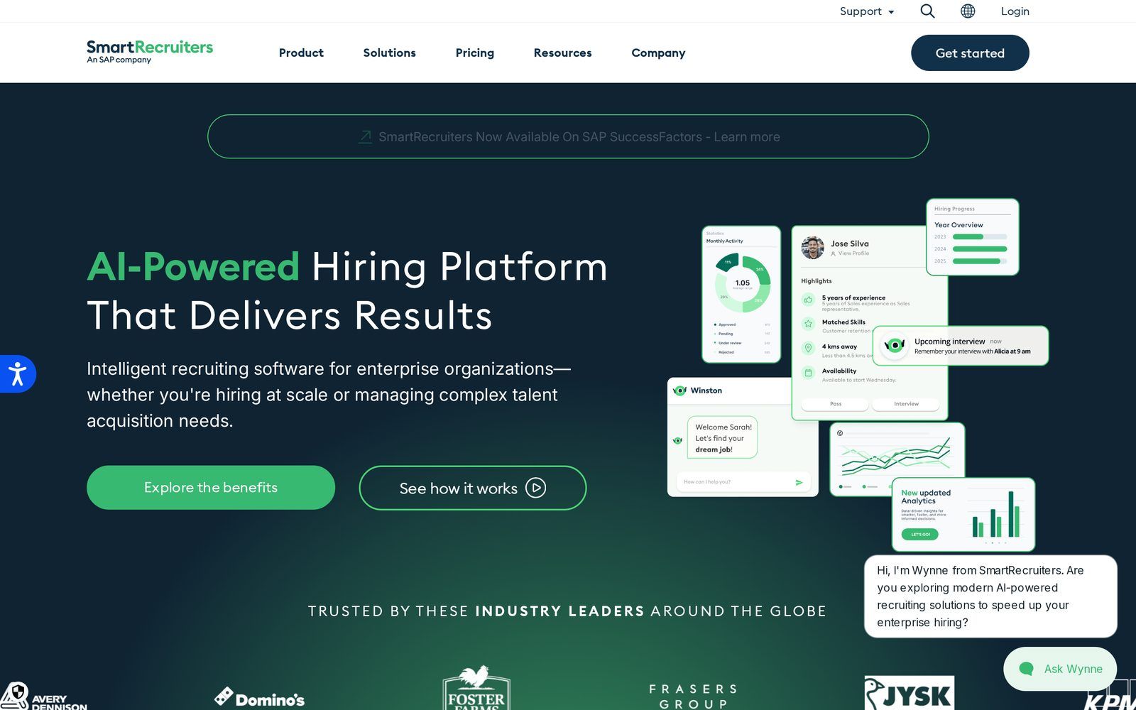 SmartRecruiters homepage as an SAP company, showing its AI-powered hiring platform