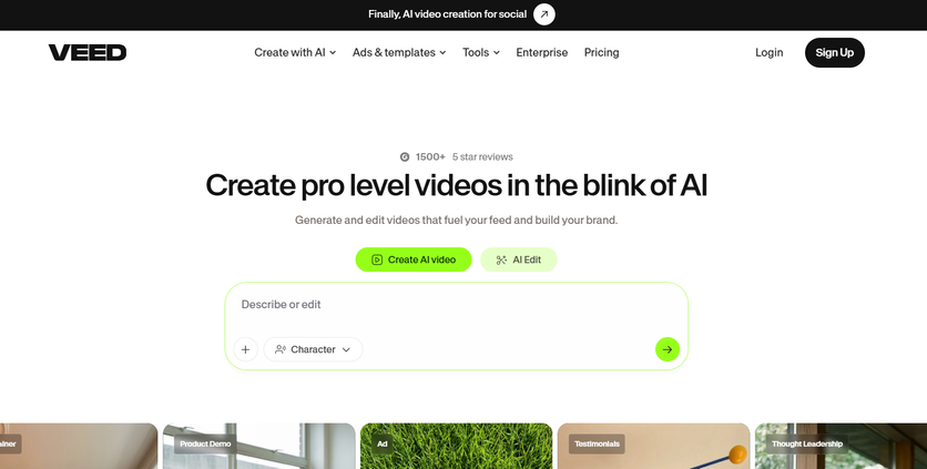 VEED’s homepage with the AI video prompt box and marketing video templates below