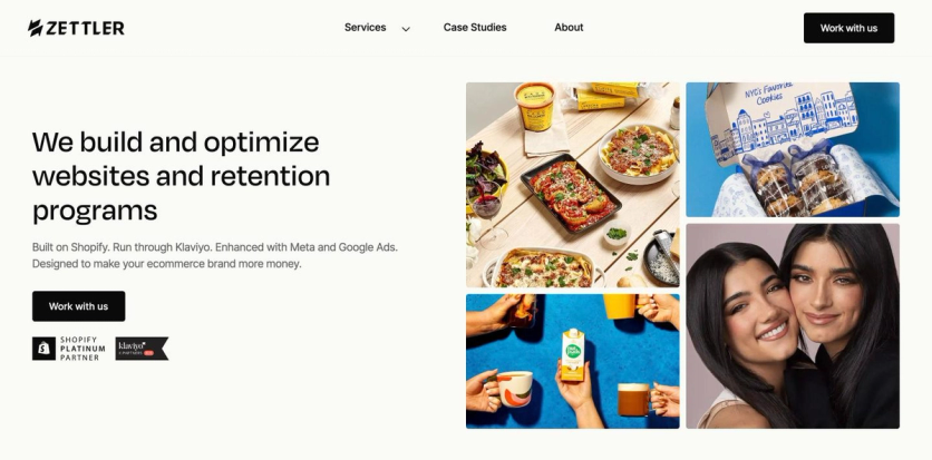 Zettler Digital homepage hero with its Shopify, Klaviyo, Meta and Google Ads tagline and client product photos