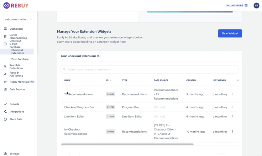 Rebuy’s checkout extensions dashboard listing recommendation, progress-bar, and line-item widgets