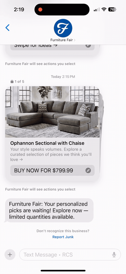 A live RCS campaign Furniture Fair sent through Maestra
