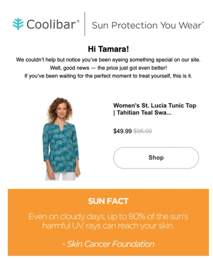 Coolibar's price-drop alert email notifying a shopper that an item they viewed or added to cart is now on sale.