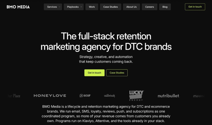 BMO Media homepage hero with the headline The full-stack retention marketing agency for DTC brands and client logos including Our Place, Honeylove, and Allbirds