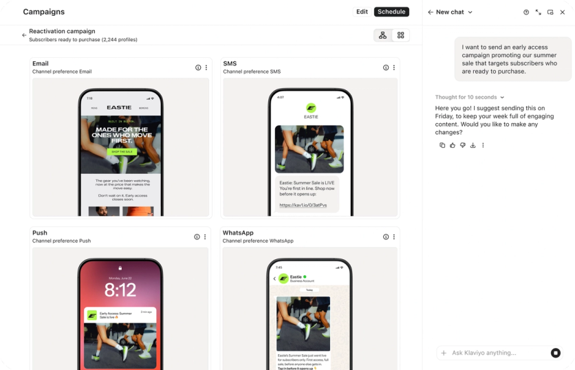 Klaviyo Composer drafting one campaign across email, SMS, push, and WhatsApp