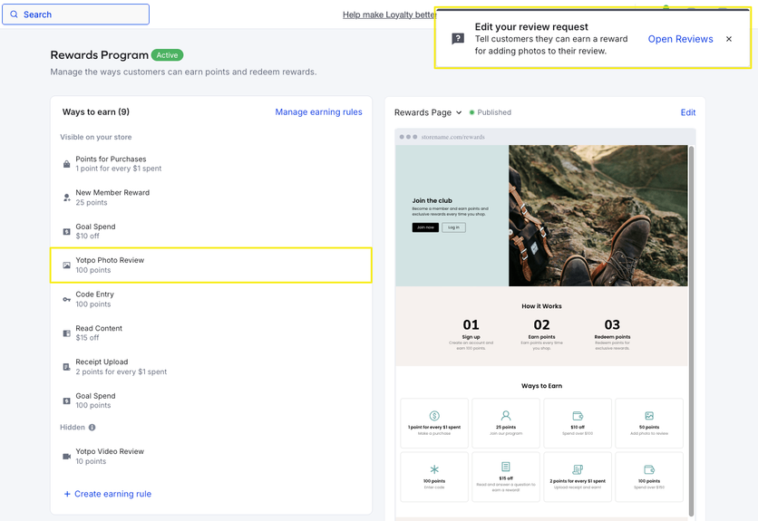 Yotpo rewards program with earning rules for photo and video reviews