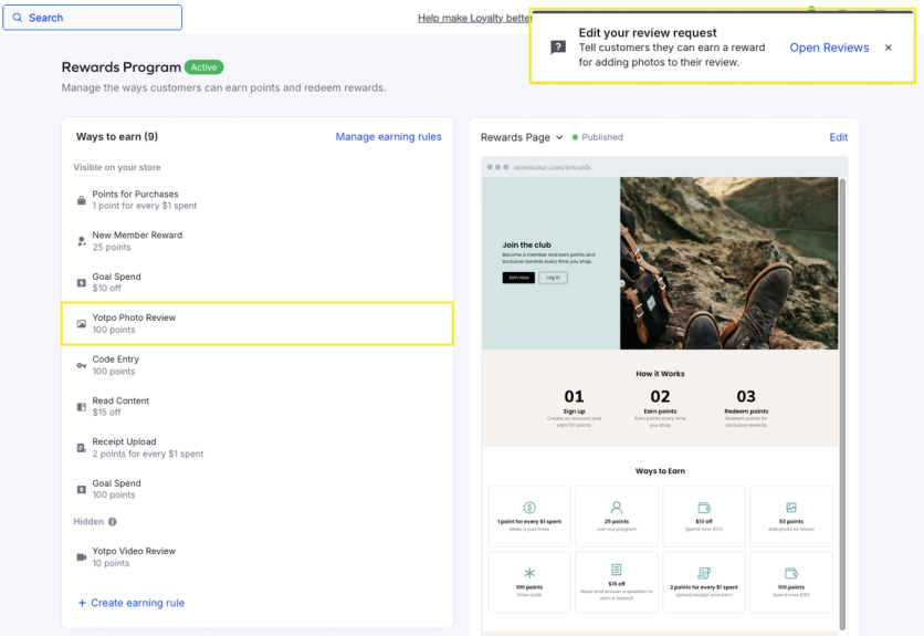Yotpo rewards program with earning rules for photo and video reviews