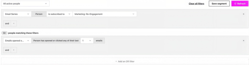 Drip segment builder with AND and OR filters on list subscriptions and email opens