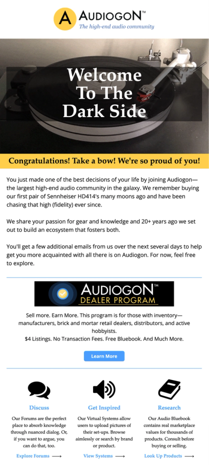 Welcome email for regular users