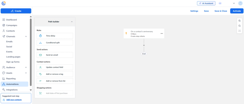 Constant Contact's automation workflow builder