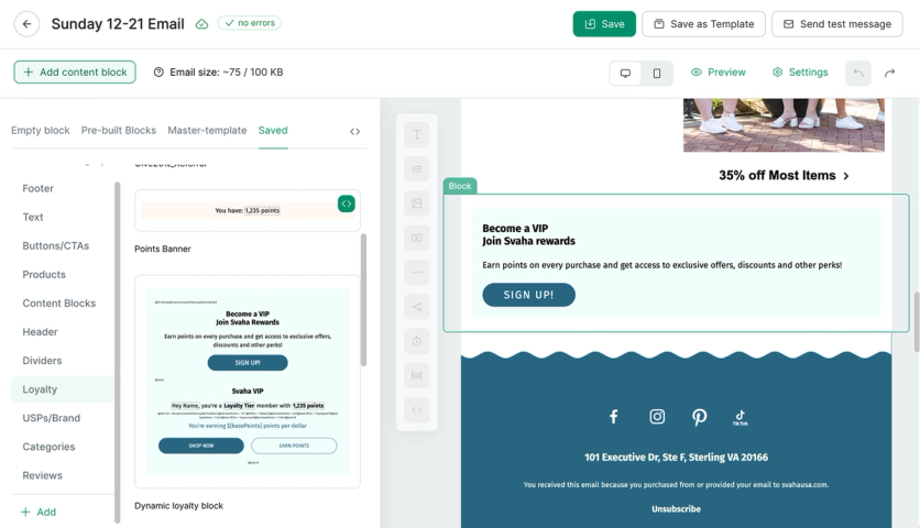 Svaha loyalty block in the Maestra email builder