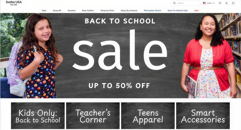 Svaha USA back-to-school sale landing page hero and audience shortcuts