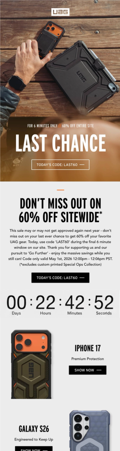 UAG Last Chance Mega Sale email with a live countdown timer