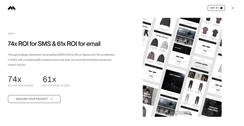 Mattered case studies page showing the ASRV card with 74x ROI for SMS and 61x ROI for email in 2023 and a collage of ASRV emails