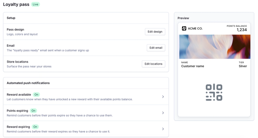 LoyaltyLion Loyalty Pass setup with a wallet card preview and push notifications