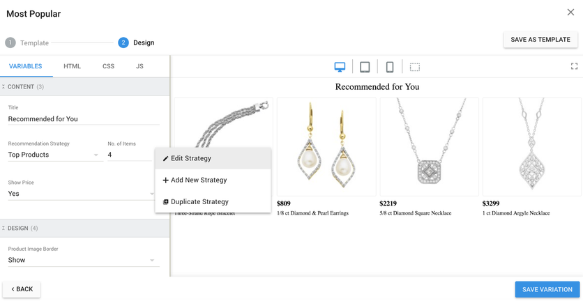 Dynamic Yield Recommended for You widget builder using a Top Products strategy