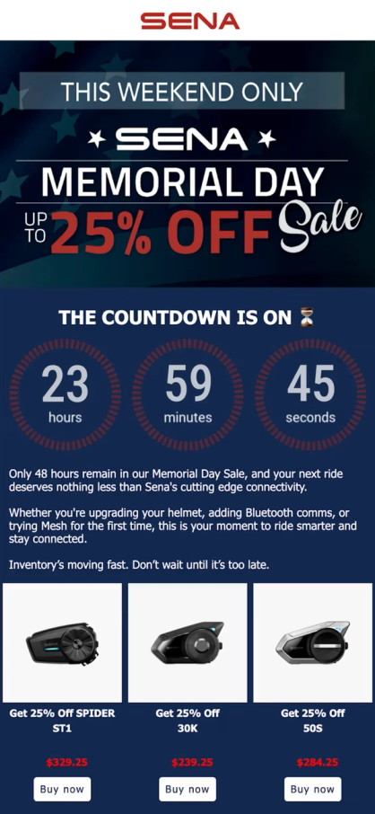 Sena's Memorial Day Sale email with a countdown timer and product recommendations