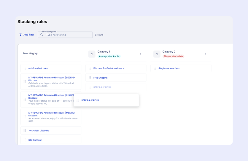 Voucherify stacking rules mixing loyalty tier discounts, referrals, and promotions