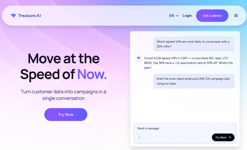Treasure AI homepage — turn customer data into campaigns in a single conversation