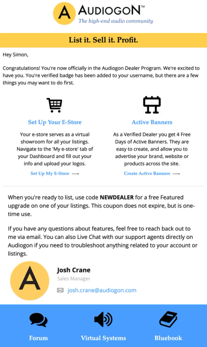 Welcome email for dealers