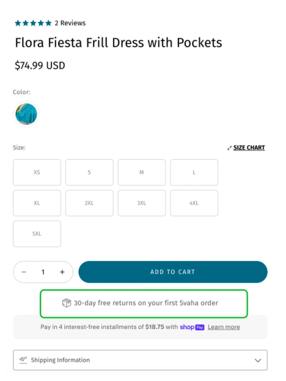 Svaha USA first-order free returns message under the Add to Cart button