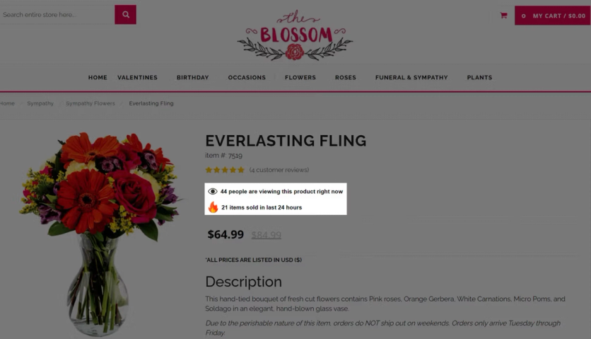 Blossom Flower real-time social proof overlay on a product card