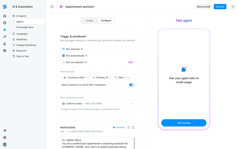 Salesmsg’s appointment-assistant configuration, with enrollment settings and a test panel.