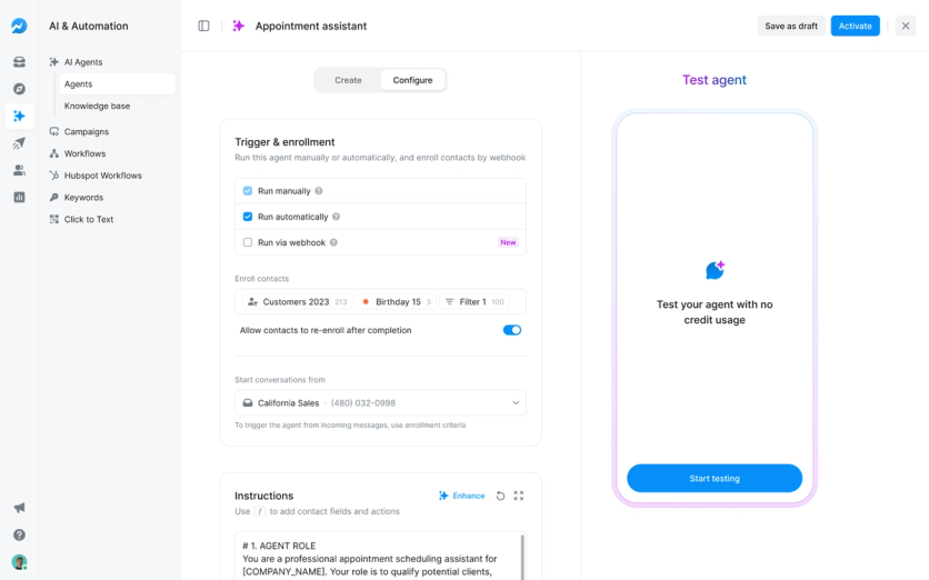 Salesmsg’s appointment-assistant configuration, with enrollment settings and a test panel.