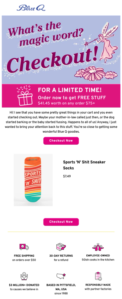 Blue Q abandoned checkout email with product details and USP bars