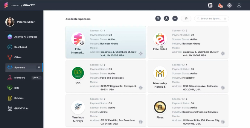 GRAVTY sponsors screen listing partner brands by industry and status