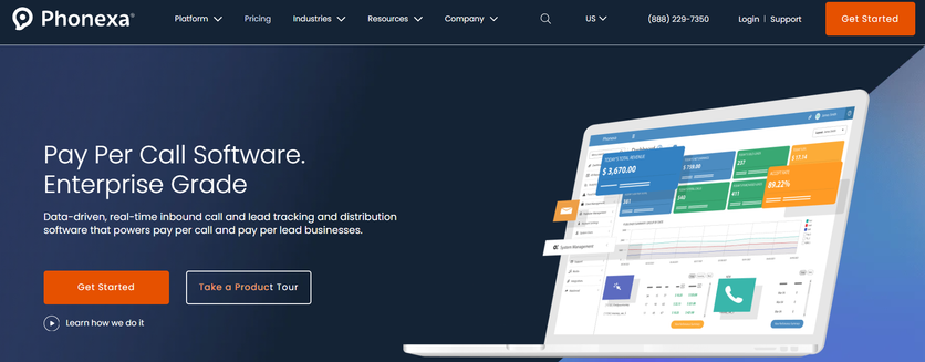 Phonexa homepage promoting enterprise-grade pay per call software for real-time call and lead tracking and distribution