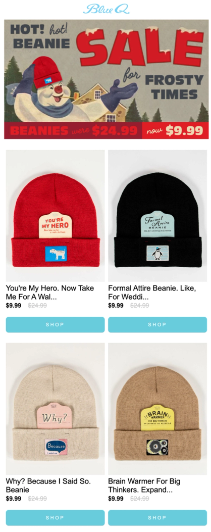 Blue Q beanie sale email with product recommendations and crossed-out prices