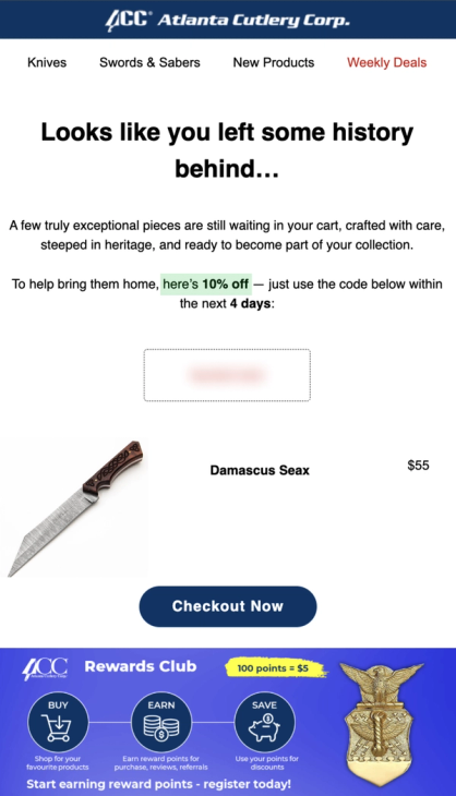 Abandoned cart recovery email from Atlanta Cutlery