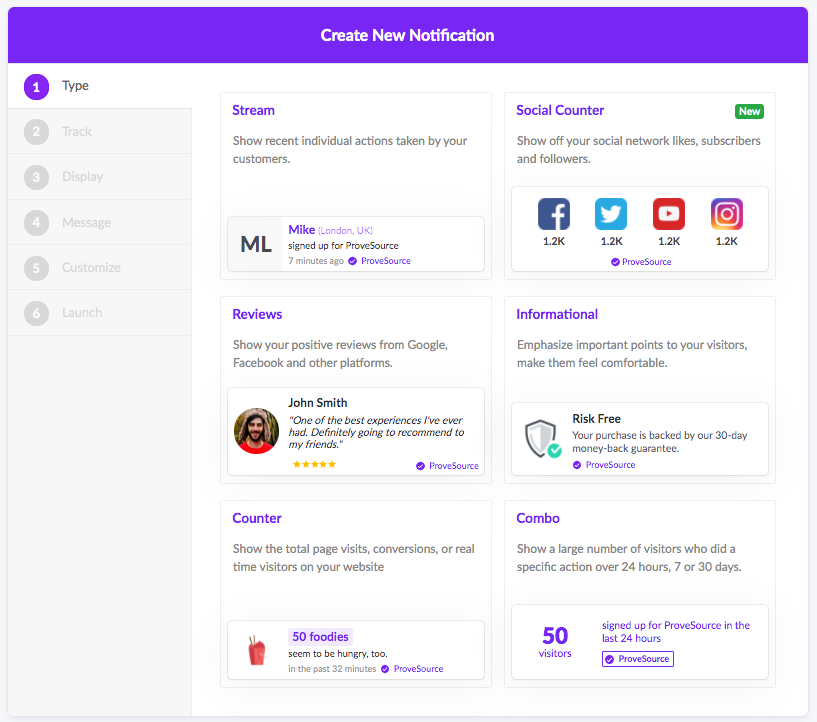 ProveSource Create New Notification screen with previews of Stream, Social Counter, Reviews, Informational, Counter, and Combo types